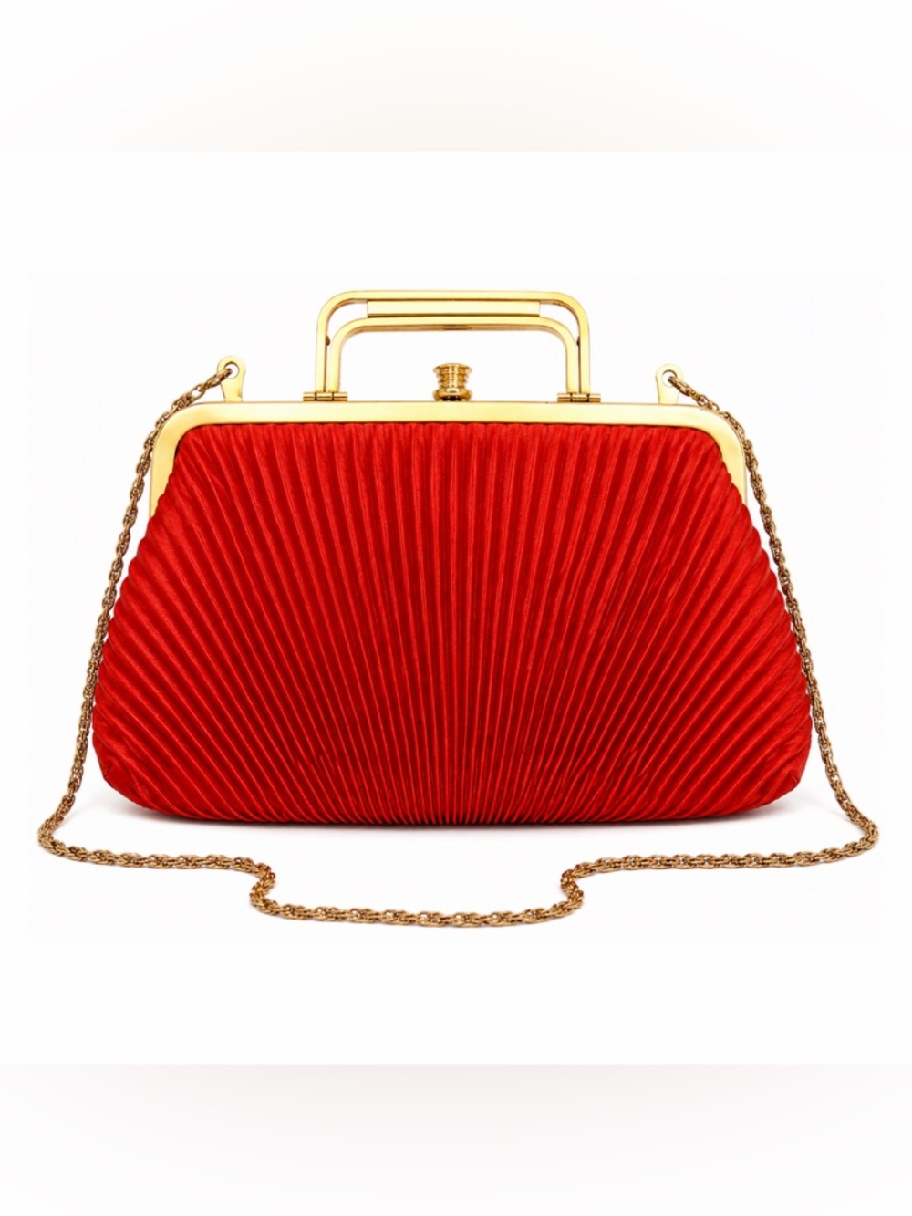 Red Evening Clutch Gold Frame Chain Strap Formal Wedding Prom Purse Vintage Bag